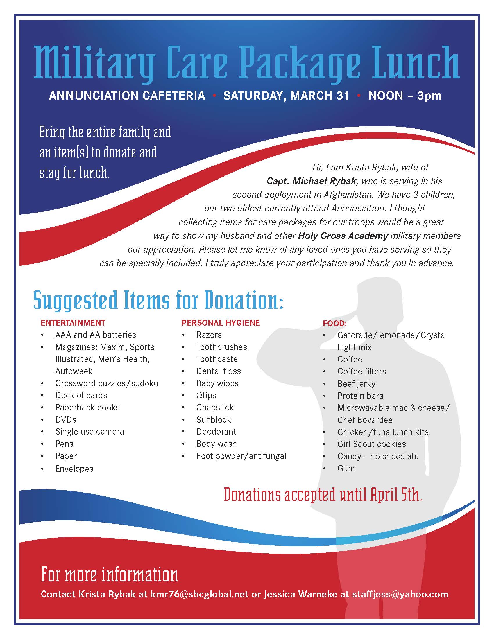 Help Support Our Troops Miltary Care Package Lunch March 31